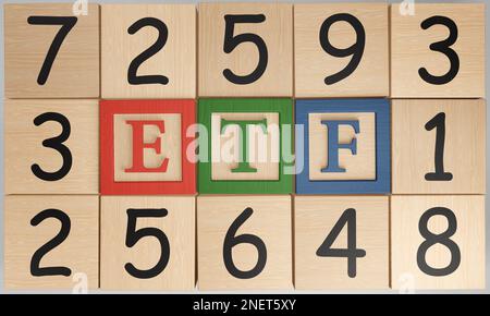 Blocchi di legno numerici che circondano i giocattoli alfabetici ETF. Illustrazione del concetto di investimento e selezione di fondi scambiati in borsa Foto Stock