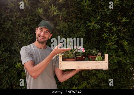 L'uomo giardiniere in tappo verde tiene la scatola di legno con le piante di casa di fronte a vita recinto sempreverde Phillyrea latifolia. Consegna di giovani pianta dalla pianta n Foto Stock