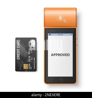 Macchina di pagamento NFC Vector 3D Orange, stato approvato e carta di credito isolata. Wi-fi, pagamento wireless. Terminale POS, modello di progettazione della macchina della banca Illustrazione Vettoriale