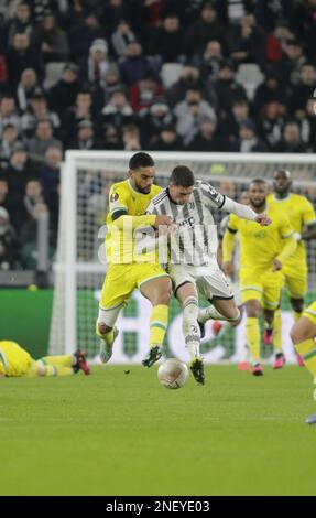 Torino, Italia. 16th Feb, 2023. Dusan Vlahovic della Juventus durante la UEFA Europa League, partita di calcio tra Juventus FC e FC Nantes il 16 febbraio 2023 allo stadio Allianz di Torino. Photo Ndrerim Kaceli Credit: Independent Photo Agency/Alamy Live News Foto Stock