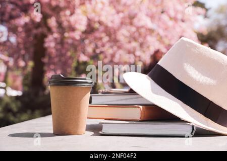 Pila di libri, smartphone e cappello sul tavolo nel parco Foto Stock