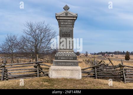 Il monumento della fanteria della Pennsylvania del 68th nel Parco militare Nazionale di Gettysburg Foto Stock