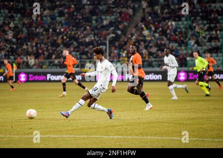 Varsavia, Polonia. 16th Feb, 2023. Warmari di Rennes in azione durante la partita di calcio a 2022/23 1st zampe della UEFA Europa League tra Shakhtar Donetsk e la FC Stade Rennais al Maresciallo Jozef Pilsudski Municipal Stadium di Legia Varsavia. Punteggio finale: Shakhtar Donetsk 2:1 Rennes. Credit: SOPA Images Limited/Alamy Live News Foto Stock