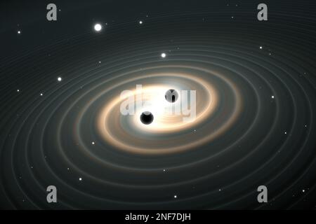 Onde gravitazionali derivanti dalla fusione di buchi neri. illustrazione 3d Foto Stock