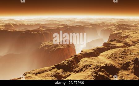 Canyon marziani in una tempesta di polvere. 3D Illustrazione Foto Stock