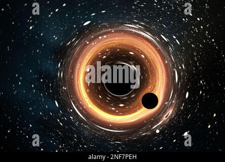 Piccolo buco nero orbitante intorno al buco nero supermassivo. Effetto di lensing gravitazionale. Illustrazione 3D Foto Stock