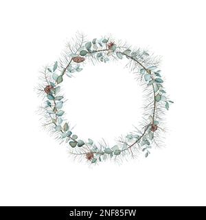 Acquerello corona di Natale di rami di pino e coni di pino, foglie di eucalipto verde. Elemento decorativo per bigliettino. Illustrazione Foto Stock