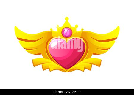 Game badge cuore con ali e corona Illustrazione Vettoriale