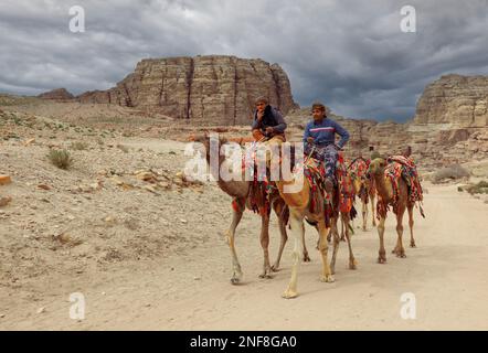 Beduinen mit Reitkamelen, verlassene Felsenstadt Petra, al-Batra, Hauptstadt des Reiches der Nabatäer, Jordanien, Unesco-Weltkulturerbe / Bedouin wi Foto Stock