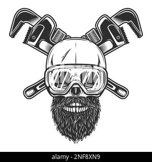 Cranio in occhiali di sicurezza con baffi e barba con chiave da costruzione per gas e builder tubature o carrozzeria utensile meccanico di riparazione chiavi Foto Stock