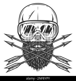 Cranio con baffi e barba in occhiali di sicurezza e freccia da caccia vintage in stile monocromatico isolato vettore illustrazione. Elemento di design per etichetta Foto Stock