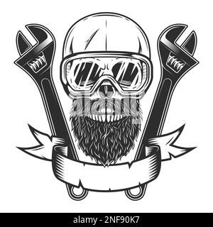 Cranio con baffi e barba in occhiali di sicurezza con chiave da costruzione per gas e builder tubature o carrozzeria utensile meccanico di riparazione chiavi Foto Stock