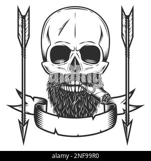 Cranio fumo sigaro o sigaretta con baffi e barba con freccia di caccia vintage in stile monocromatico isolato vettore illustrazione con disegno Illustrazione Vettoriale