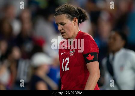 Orlando, Stati Uniti. 16th Feb, 2023. Orlando, USA, Febbraio 16th 2023: Christine Sinclair (12 Canada) durante il gioco She crede Cup tra USA e Canada all'Exploria Stadium di Orlando, FL (Andrea Vilchez/SPP) Credit: SPP Sport Press Photo. /Alamy Live News Foto Stock