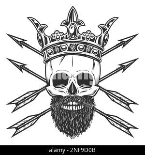Cranio con baffi e barba nella corona reale e freccia da caccia vintage in stile monocromatico con elemento di design per etichetta o segno ed emblema isolato Illustrazione Vettoriale