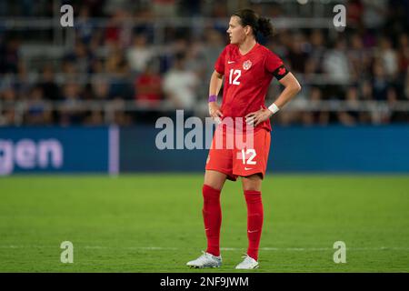 Orlando, Stati Uniti. 16th Feb, 2023. Orlando, USA, Febbraio 16th 2023: Christine Sinclair (12 Canada) durante il gioco She crede Cup tra USA e Canada all'Exploria Stadium di Orlando, FL (Andrea Vilchez/SPP) Credit: SPP Sport Press Photo. /Alamy Live News Foto Stock