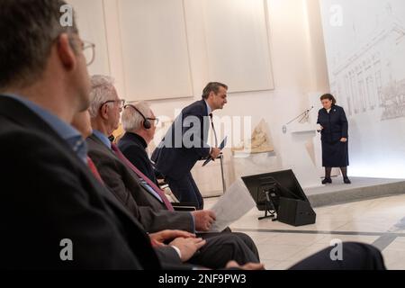 Grecia, Atene, 2023-02-15. Il primo ministro greco Kyriakos Mitsotakis partecipa e parla alla presentazione del piano architettonico delle espanse Foto Stock