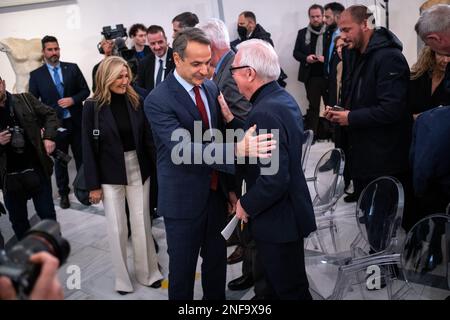 Grecia, Atene, 2023-02-15. Il primo ministro greco Kyriakos Mitsotakis partecipa e parla alla presentazione del piano architettonico delle espanse Foto Stock