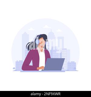 Servizio clienti. Donna con cuffie e microfono con un computer portatile sullo sfondo della città. Illustrazione del concetto per il supporto dell'operatore hotline e la calibrazione Illustrazione Vettoriale