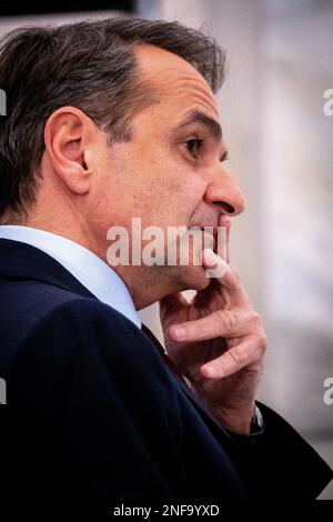 Grecia, Atene, 2023-02-15. Il primo ministro greco Kyriakos Mitsotakis partecipa e parla alla presentazione del piano architettonico delle espanse Foto Stock