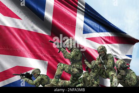 3D Illustrazione di un soldato dell'esercito britannico con bandiera nazionale. Biglietto d'auguri per il Veterans Day, il Memorial Day e l'Independence Day. Celebrazione del Regno Unito. Foto Stock