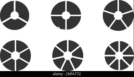 Modelli grafici a pizza, ciambelle o torta. Divisione circolare su 3, 4, 5, 6, 7, 8 parti uguali. Schemi delle ruote con tre, quattro, cinque, sei, sette, otto segmenti. Illustrazione grafica vettoriale Illustrazione Vettoriale