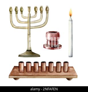 Menorah tradizionale, candele di Shabbat per sette candele che bruciano ed acquerello bianco che brucia della candela regolato isolato su fondo bianco Foto Stock