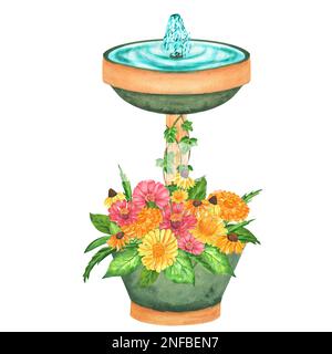 Fontana di uccelli acquerello disegnata a mano con fiori in vaso. Una piccola parte del grande giardino DEGLI UCCELLI set Foto Stock