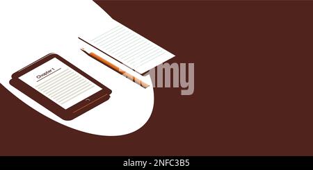 Un libro o un dispositivo elettronico per la lettura di libri sul tavolo. Accanto a un foglio e a una matita. Il concetto di apprendimento o di lettura Illustrazione Vettoriale
