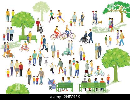 Ricreazione nel parco con le famiglie e altre persone, illustrazione Illustrazione Vettoriale