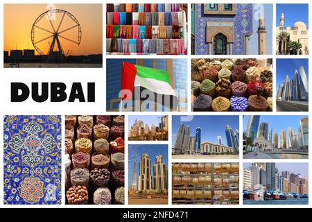 Cartolina della città di Dubai - collage fotografico di riferimento del luogo di viaggio. Foto Stock