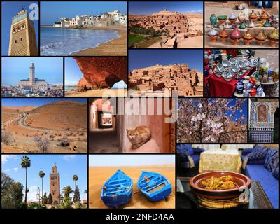 Collage fotografico di viaggio in Marocco. Punti di riferimento e luoghi da cartolina. Foto Stock