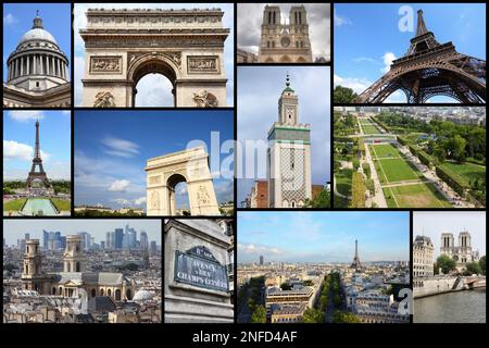 Collage di foto di Parigi - collezione di cartoline simbolo della capitale francese. Foto Stock