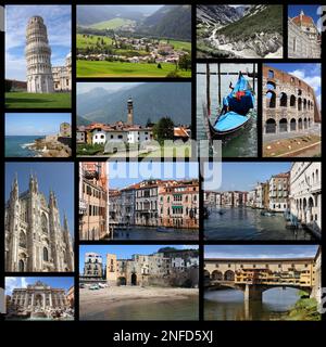 Attrazioni turistiche in Italia - collage fotografico di viaggio con Roma, Venezia, Firenze, Milano, Pisa, Sicilia e Alpi Italiane. Foto Stock