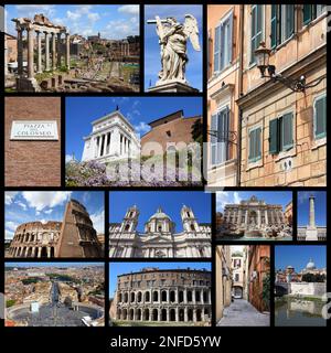 Roma, Italia - collage di foto di viaggio con il Foro Romano, il Vaticano, il Colosseo e la Fontana di Trevi. Foto Stock