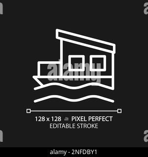 Houseboat pixel perfetta icona lineare bianca per tema scuro Illustrazione Vettoriale