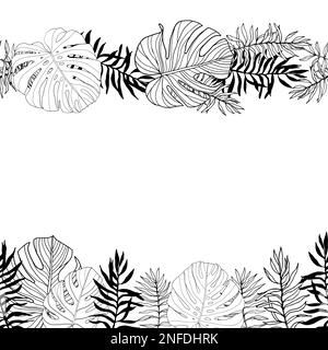 cornice con foglie tropicali, giungla, disegnata a mano, bianco e nero senza cuciture boarder Illustrazione Vettoriale
