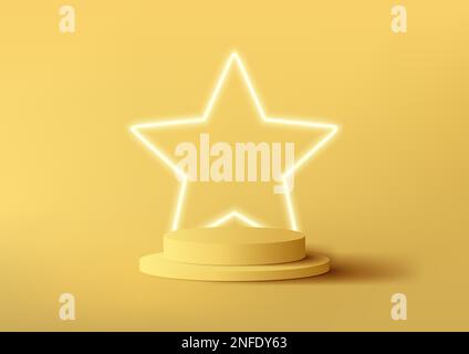 3D piedistallo da podio giallo realistico con illuminazione al neon a stella sfondo minimo sfondo scena parete. È possibile utilizzare per la promozione di presentazione del prodotto Illustrazione Vettoriale
