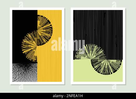 Forme geometriche con linee nere grunge sul terreno colorato. Un set di stampe astratte minimaliste alla moda, ideale per poster, copertine di libri Illustrazione Vettoriale
