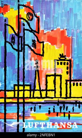 Poster di viaggio della compagnia aerea Lufthansa vintage 1950s Foto Stock