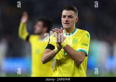 Torino, Italia. Il 16 febbraio 2023, Andrei Girotto del FC Nantes gesta durante la partita di calcio della UEFA Europa League di calcio finale di una tappa tra Juventus e FC Nantes allo stadio Allianz il 16 febbraio 2023 a Torino. Foto Stock