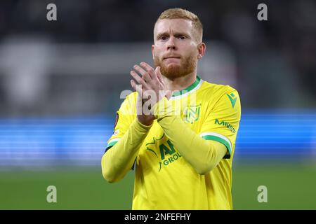 Torino, Italia. Il 16 febbraio 2023, Florent Mollet del FC Nantes gesta durante la partita di calcio della UEFA Europa League di calcio finale di una partita tra Juventus e FC Nantes allo stadio Allianz il 16 febbraio 2023 a Torino. Foto Stock