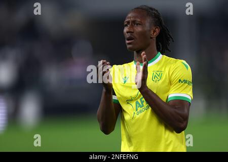 Torino, Italia. 16 febbraio 2023, Charles Traore del FC Nantes gesta durante la partita di calcio della UEFA Europa League di calcio finale tappa una partita tra Juventus e FC Nantes allo stadio Allianz il 16 febbraio 2023 a Torino. Foto Stock