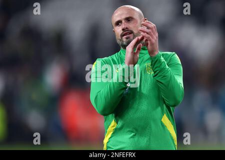 Torino, Italia. 16 febbraio 2023, Nicolas Pallois del FC Nantes gesta durante la partita di calcio della UEFA Europa League di calcio finale di una tappa tra Juventus e FC Nantes allo stadio Allianz il 16 febbraio 2023 a Torino. Foto Stock