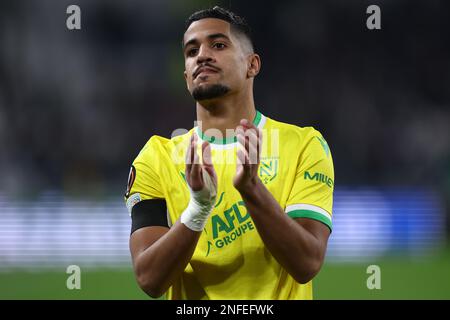 Torino, Italia. Il 16 febbraio 2023, Ludovic Blas del FC Nantes gesta durante la partita di calcio della UEFA Europa League di calcio di una tappa tra Juventus e FC Nantes allo stadio Allianz il 16 febbraio 2023 a Torino. Foto Stock