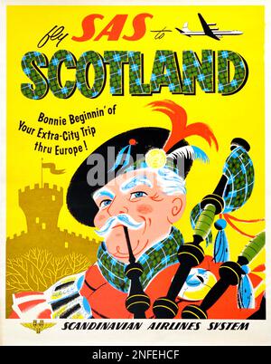 Poster di viaggio scozzese vintage 1950s - Scotland Fly SAS Foto Stock