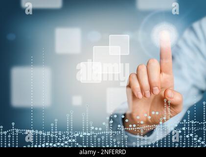 Uomo d'affari tecnologia di contatto globale sicurezza delle informazioni di rete. Foto Stock