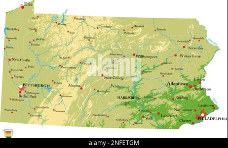 Mappa fisica molto dettagliata della Pennsylvania, in formato vettoriale, con tutte le forme di rilievo, regioni e grandi città. Illustrazione Vettoriale