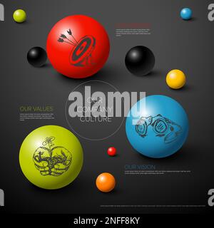 Infografica sullo schema di schema grafico scuro di Vector Mission, Vision e Values con icone disegnate a mano su sfere di colore e con spazio per la vostra visione della missione Illustrazione Vettoriale