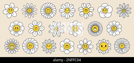 Groovy Daisy fiori faccia collezione. La camomilla retrò sorride in stile cartoon. Felice set di adesivi a partire dal 70s. Illustrazione grafica vettoriale Illustrazione Vettoriale